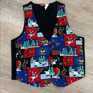 Vintage Snowden Christmas‎ Vest Holiday Snowman Reindeer Print Size Large